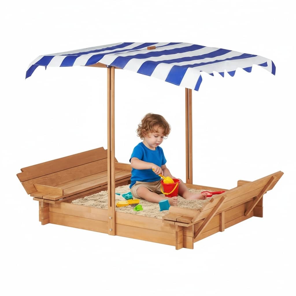 Kids Sandbox with Adjustable Cover, 46" Wooden Sand Box with 2 Foldable Bench Seats, Outdoor Sandpit for Backyard Play