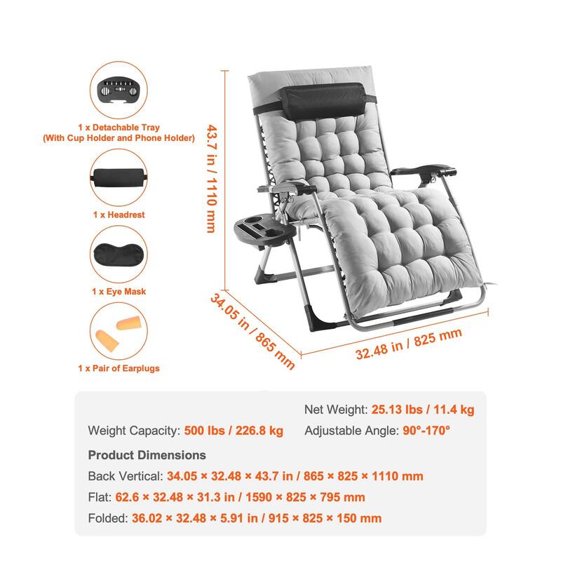 33 Inch Zero Gravity Recliner Lounge Chair with Steel Tube Frame and Thick Cushioned Pad - 34.05 x 32.48 x 43.7 in