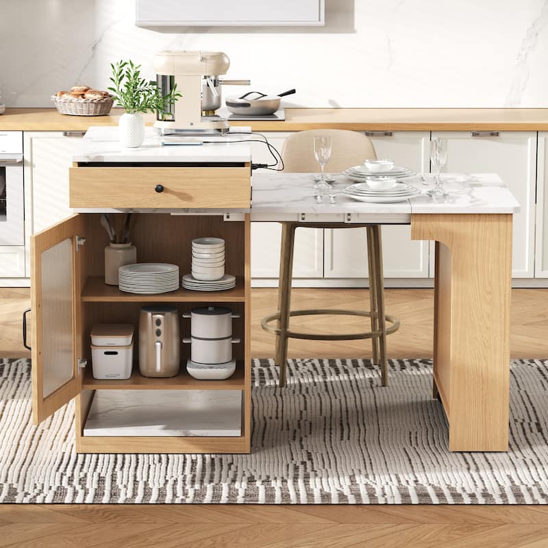 Kitchen Island with Extendable Dining Table, Kitchen Storage Table with 2 Drawers, Power Outlet, Open Shelves, for Diningroom