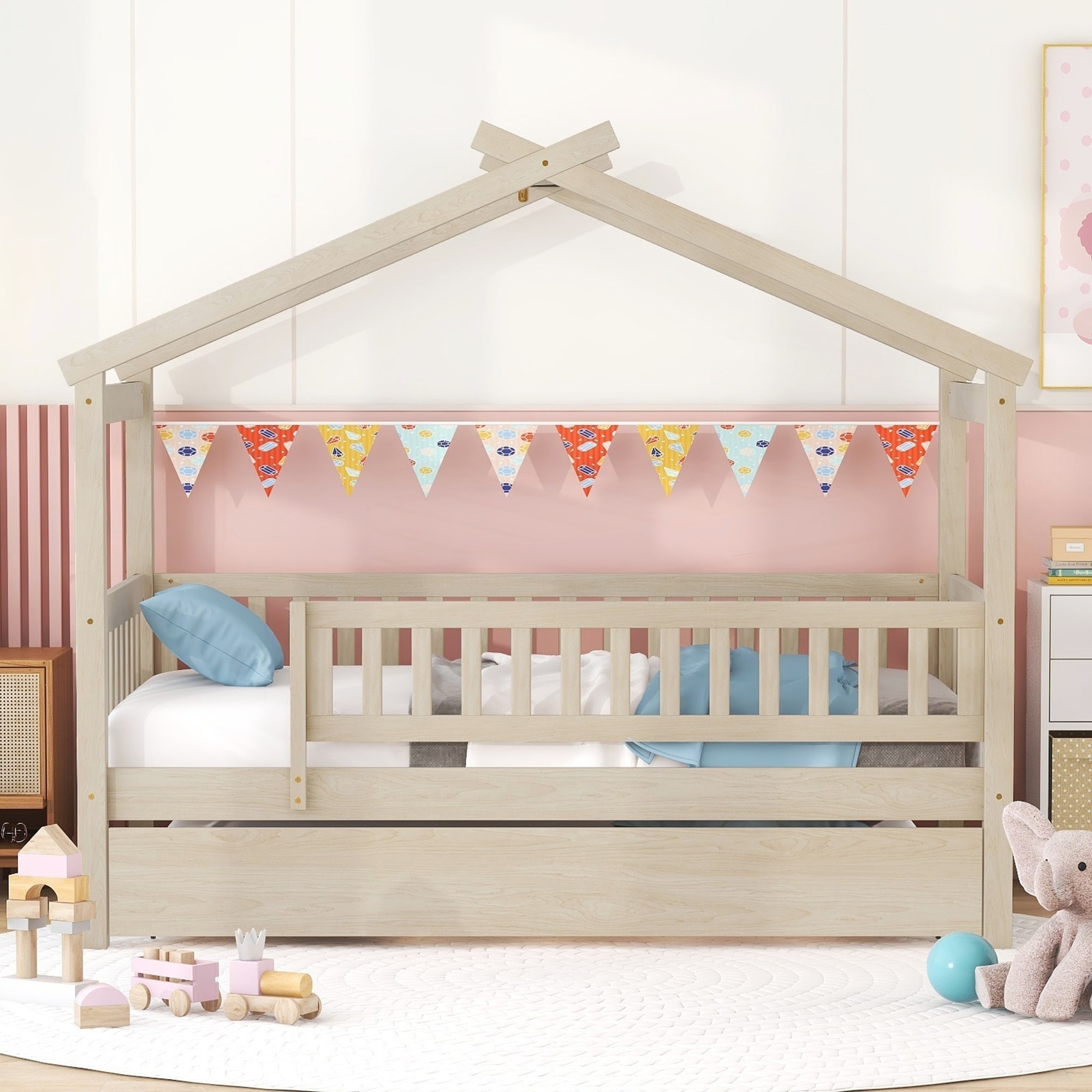 Wooden House Bed with Twin Size Trundle