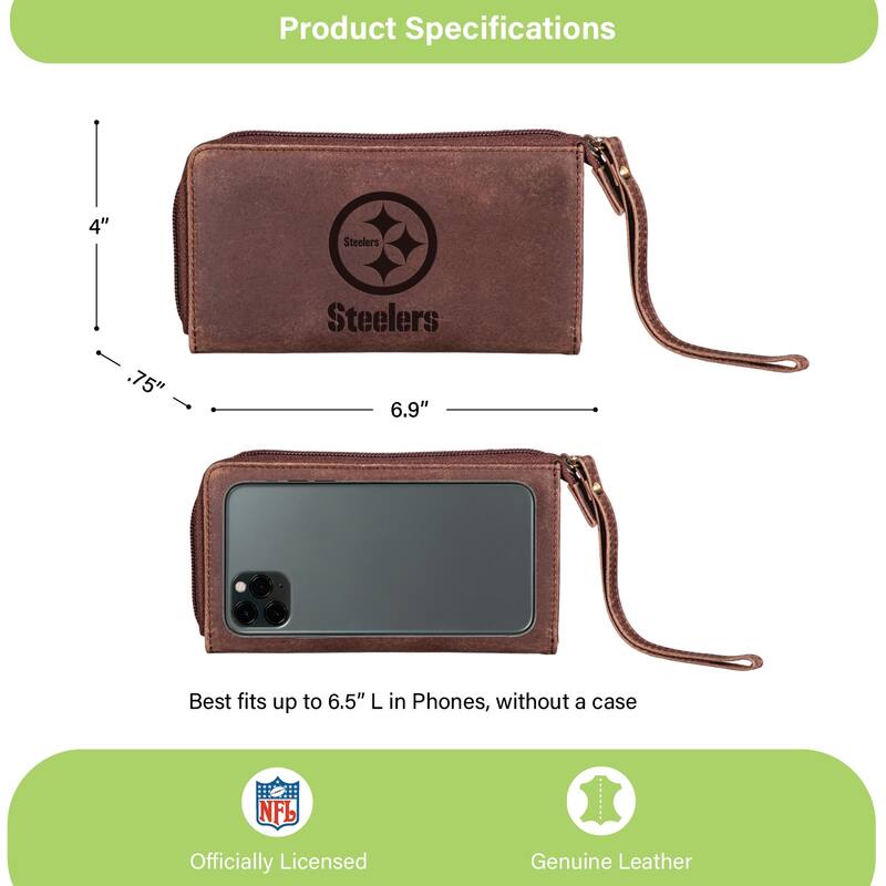 Brown Leather Cell Phone Wristlet Wallet, Pittsburgh Steelers - 4" x 7"