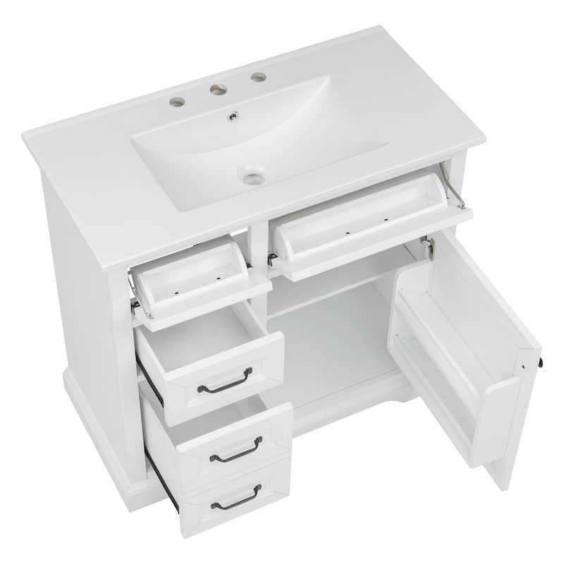 36-Inch Bathroom Vanity with Ceramic Sink Top - 4 Drawers and 1 Soft-Close Door