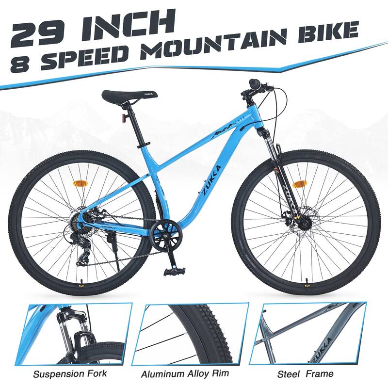 29 Inch Mountain Bike, 8-Speed Steel Frame with Front Suspension and Double Disc Brakes for Adults