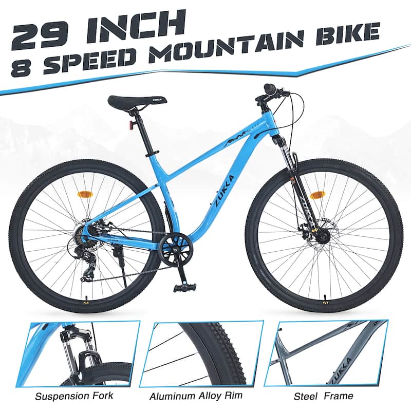 29 Inch Wheels All-Terrain Road Bicycle, 8 Speed Mountain Bike with Suspension Fork & Double Disc Brakes, Steel Frame for Teens