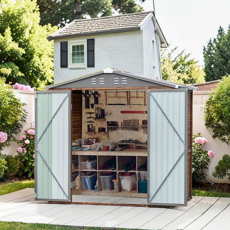 4x6 FT Wood Storage Shed with Metal Roof, Outdoor Garden Tool Shed with Double Doors, Windows and Ventilation