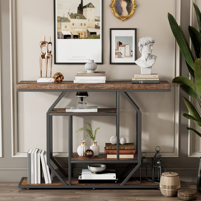 Console Table Industrial 4-Tier Entryway Table Narrow Wood Accent Tables with Storage Shelves for Living Room, Hallway, Foyer