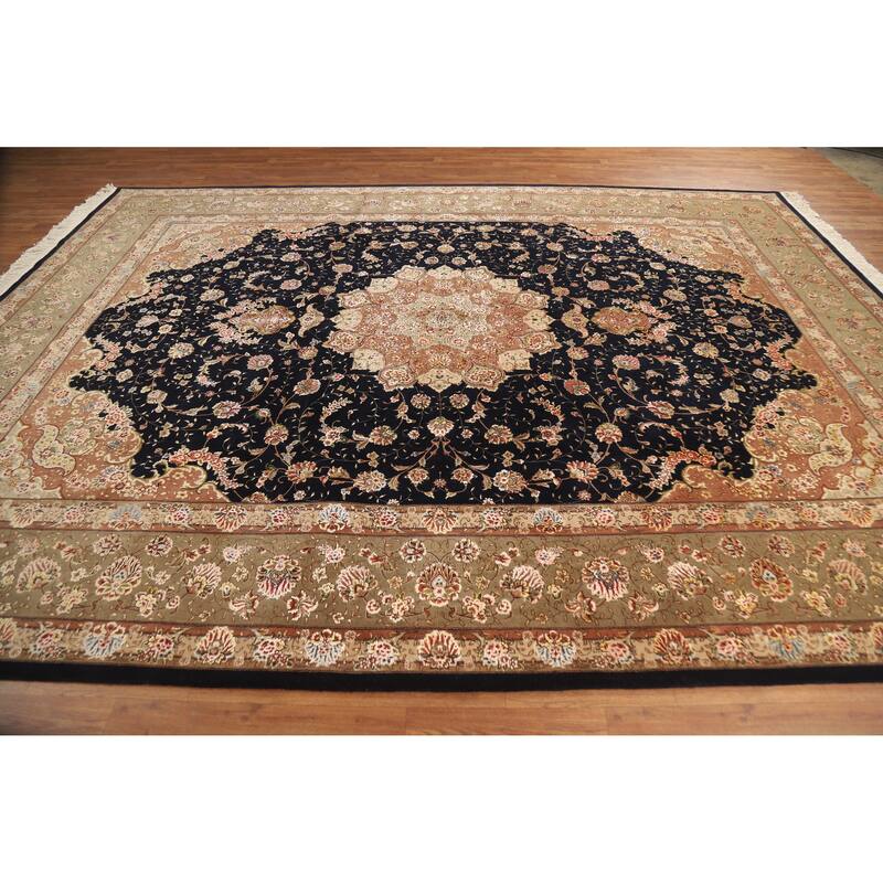 Vegetable Dye Floral Tabriz Chinese Rug Handmade Wool and Silk Carpet - 9'1" x 12'1"