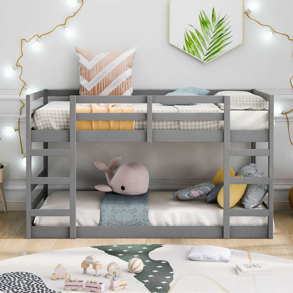 Twin/Full Size Wooden Floor Bunk Bed, Solid Pinewood Bunk Bed Frame with Double Ladders and Full Length Guardrail