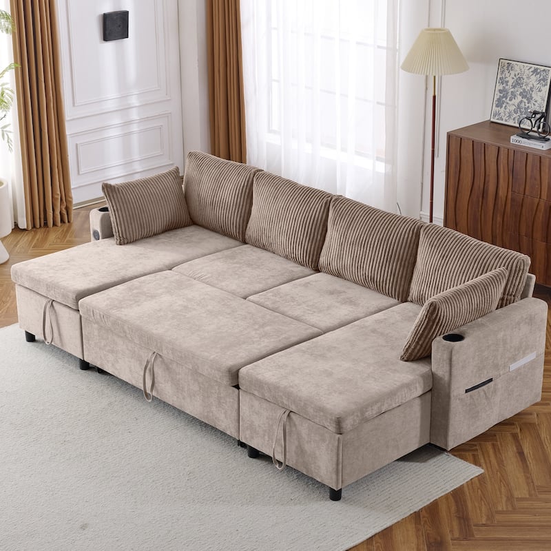 113.4" Sectional Sofa Pull-out Sofa Bed with Storage Space,Two USB Ports and Cup Holders - Brown