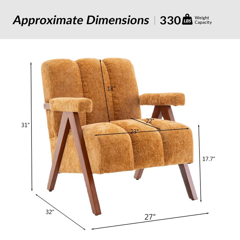 Mid Century Modern Accent Chair, Chenille Armchair with Solid Wood Legs, Channel Tufted Comfy Reading Chair for Living Room