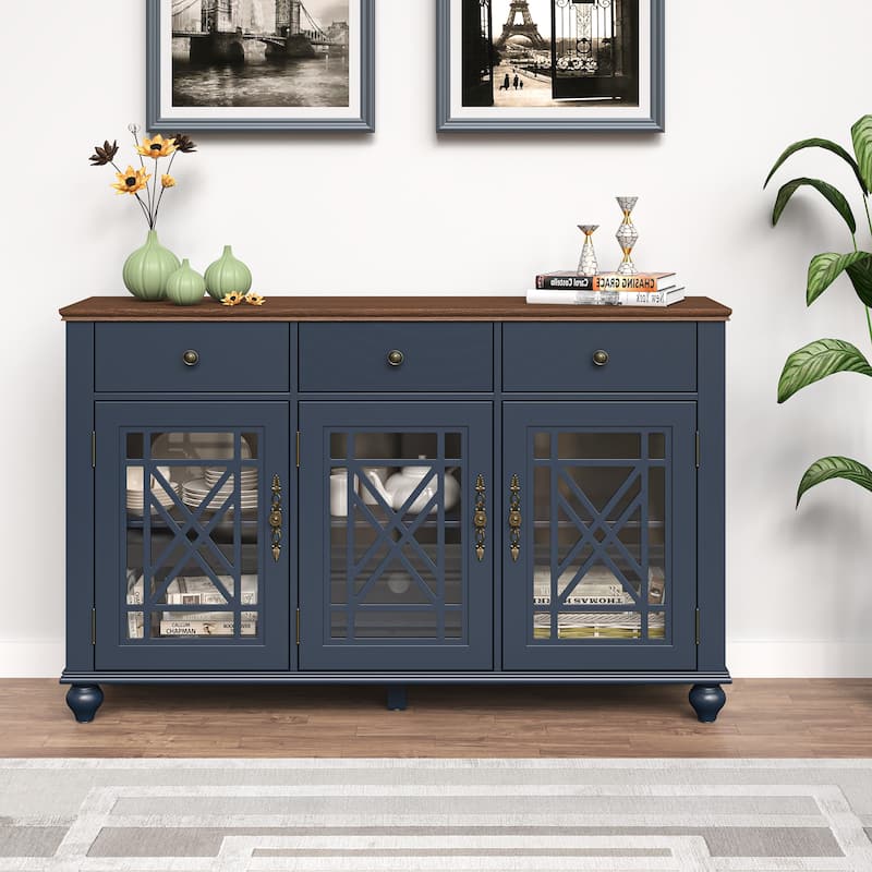 55" Vintage Style Kitchen Accent Buffet Sideboard Cabinet w/ Drawers - 55" in Width - Navy