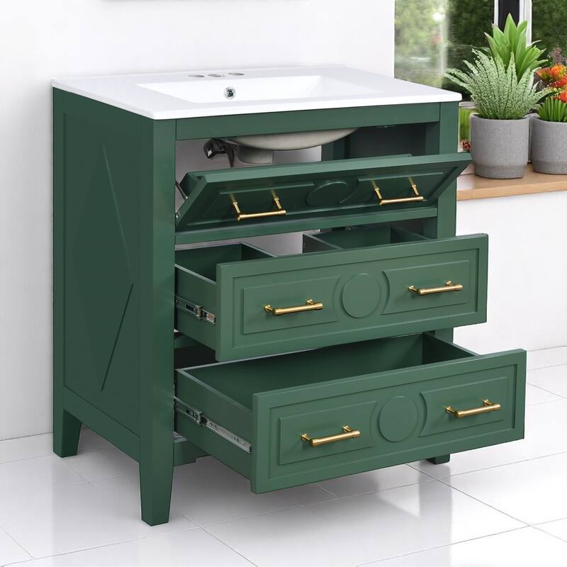 30" Bathroom Vanity with Ceramic Sink, 3 Drawers, Solid Wood Frame,Retro Cabinet, Pre-Drilled for 4" Faucet, Storage Organizer
