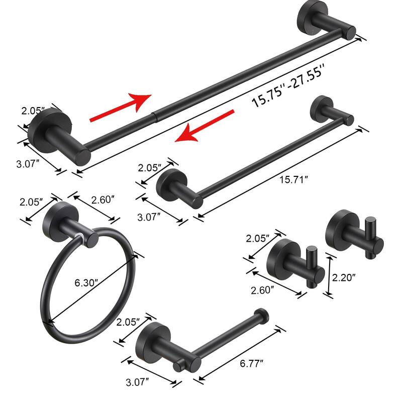 6 Piece Bathroom Hardware Set Wall Mount Adjustable Towel Bar, Hand Towel Ring, Toilet Paper Holder Towel Robe Hook Modern Sets