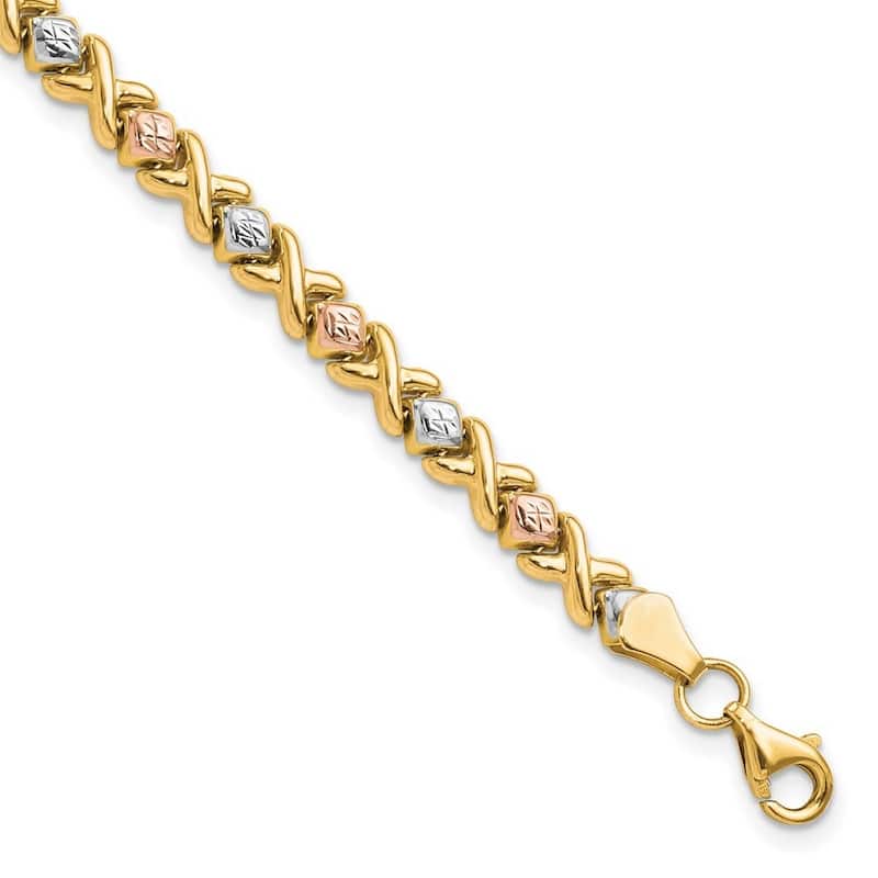 Curata 10k Tri color Gold 7" Diamond Cut XO Stampato Bracelet
