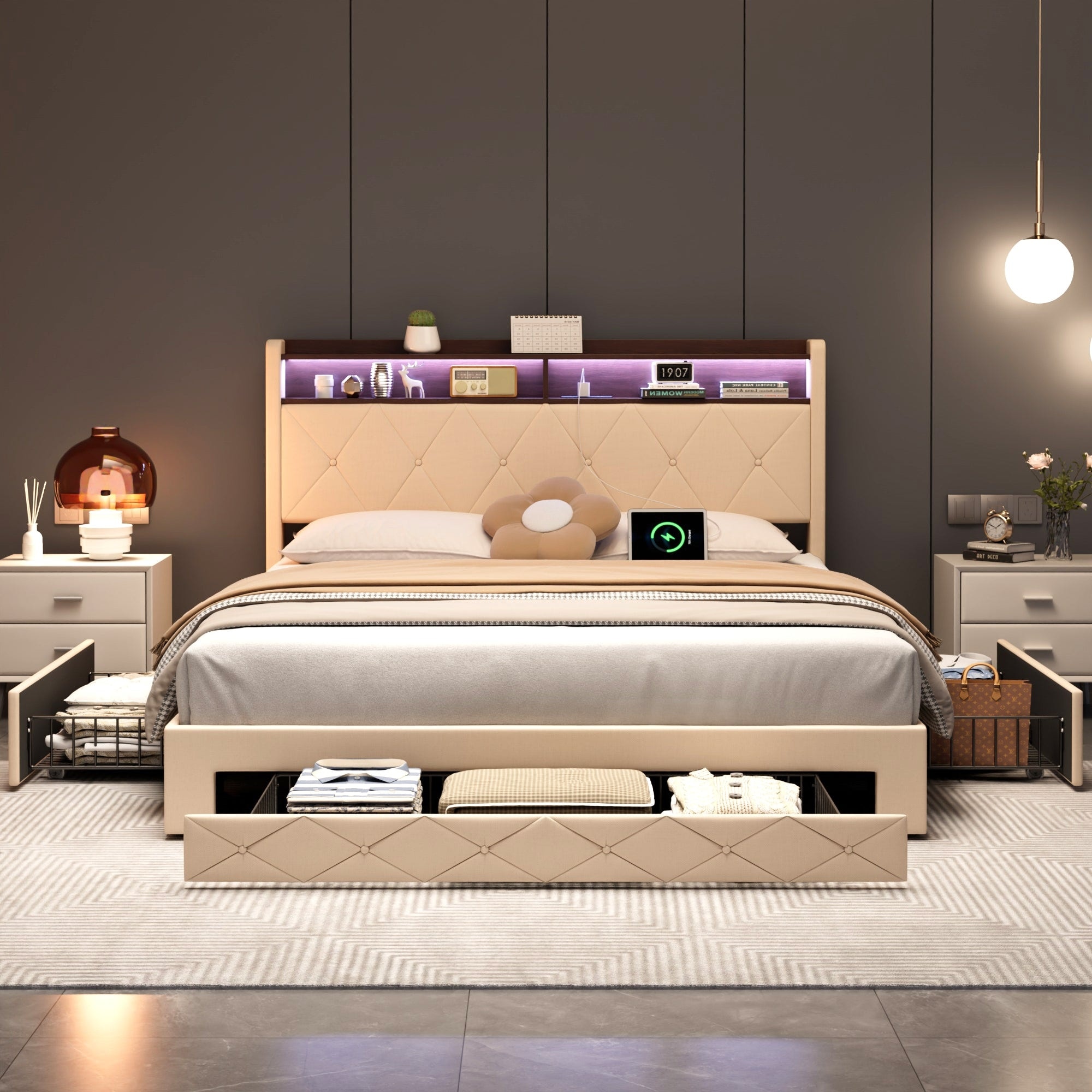 VECELO Bed Frame with 2-Tier Storage Headboard Metal Platform Bed Frame with 4 Storage Drawers Built in Charging Station & LED