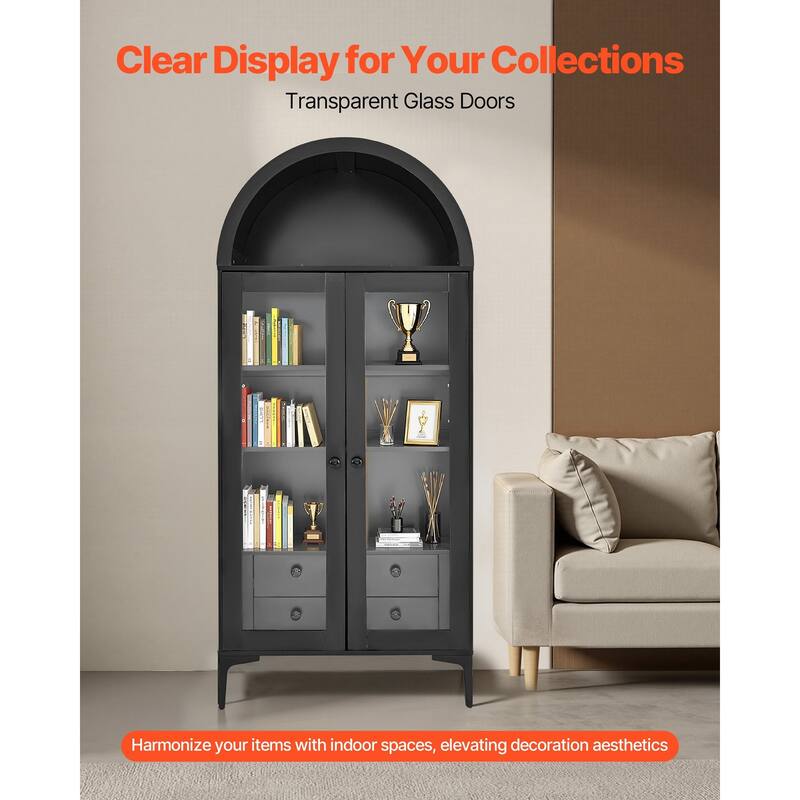 Black Tall MDF Display Cabinet with Adjustable Storage Shelves and Glass Doors for Living Room - 31.50” × 15.75” × 70.47”