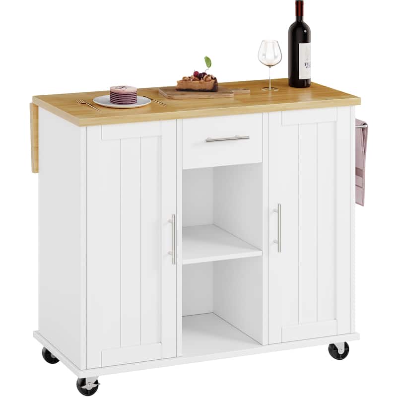 2-Door Kitchen Island with Drawer & Drop Leaf - Mobile Storage Cart on Lockable Wheels for Kitchen, Dining Room, Bar