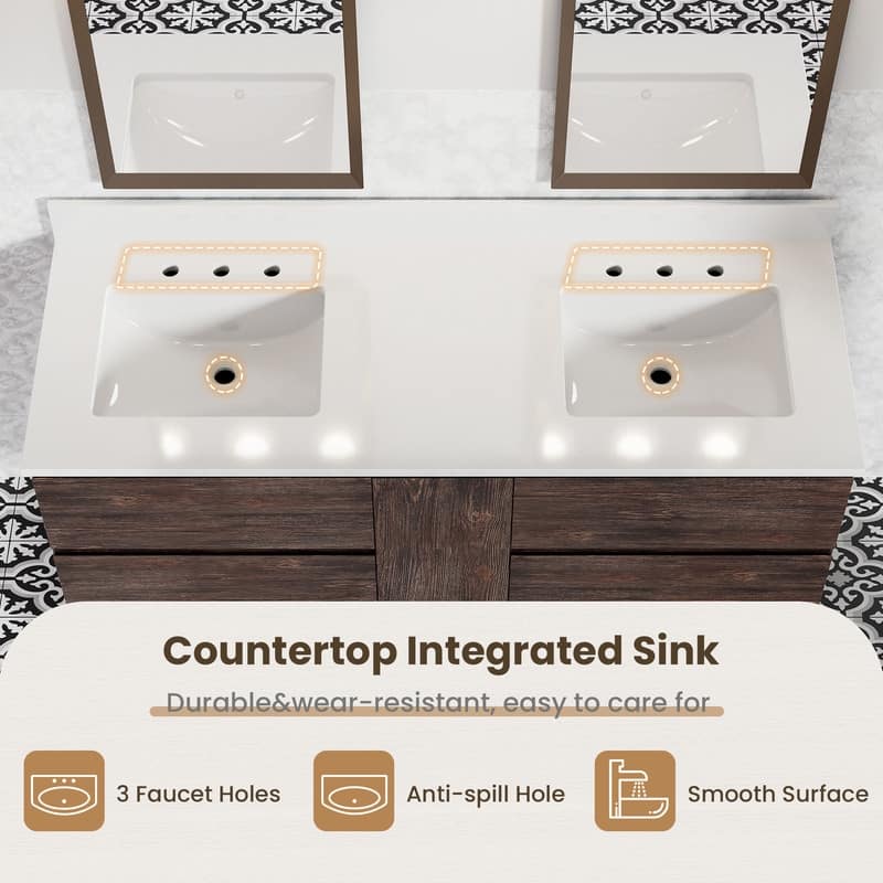 60-Inch Antique Style Solid Wood and MDF Double Sink Bathroom Vanity with Storage