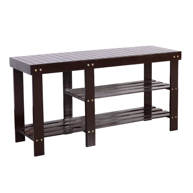 Slatted Bamboo 3-tier Stool Shoe Rack Wood Color