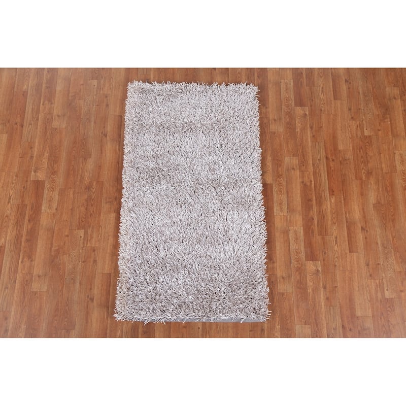 Hand Knotted Oriental Polyester Carpet Modern Contemporary Beige & Ivories Shaggy Area Rug - 4' 9'' X 2' 8''