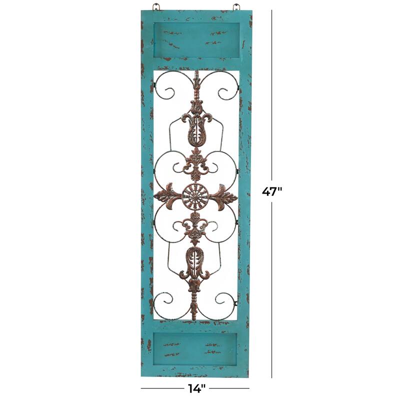 Wood Scroll Arabesque Wall Decor with Metal Fleur De Lis Relief - Teal - Roche River Decor