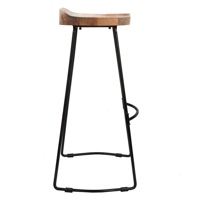 Tiva 30 Inch Handcrafted Backless Barstool, Natural Brown Mango Wood Saddle Seat, Black Metal Base