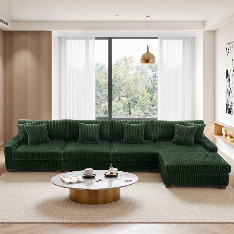Modular Cotton Flannel Plush Sectional Sofa with Ottomans - Green-5 piece