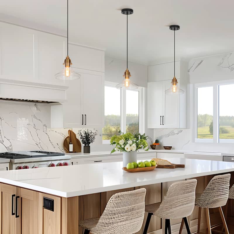Modern Farmhouse 1-Light Black Gold Cone Shaped Glass Pendant Light for kitchen Island - 8.5" D x 8" H