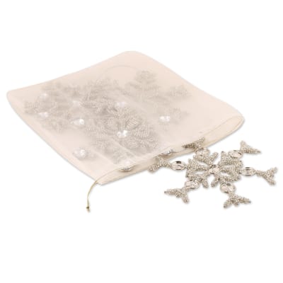 Novica Handmade Silvery Snowflakes Beaded Ornaments (Set Of 4)