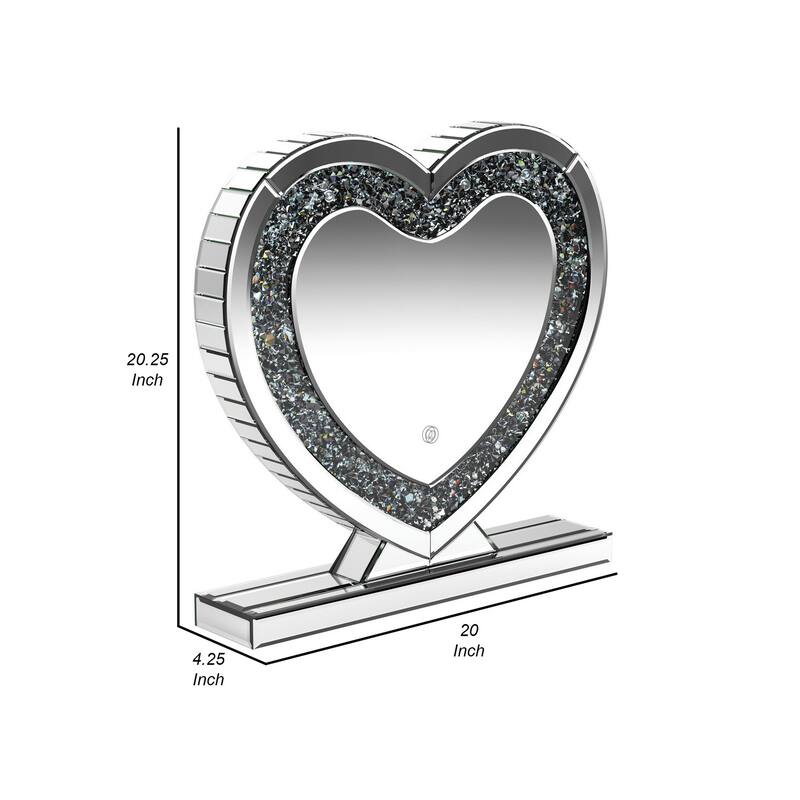 Theo 20 Inch Modern Vanity Table Mirror, Heart, Crystal Trim, Glass, Silver
