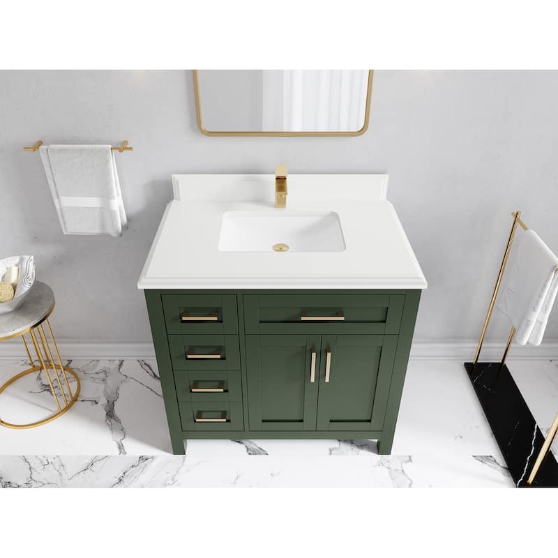 Willow Collections 36 in. W x 22 in. D Cambridge Right Offset Sink Bathroom Vanity with Countertop - 1.5" White Quartz - Pewter Green