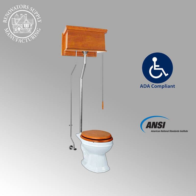 High Tank Toilet - Light Mahogany Flat Tank, Chrome L Pipe and Elongated White Bowl Renovators Supply