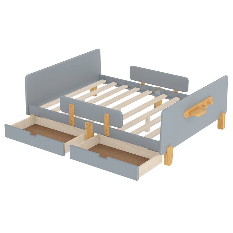 Full/Twin Platform Bed with Storage Drawers, Guardrail & Hooks