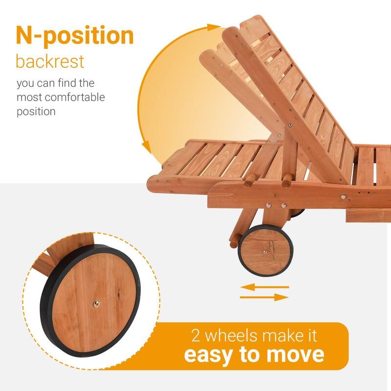 Patio Rolling Wooden Chaise Lounge withe Cup Holder