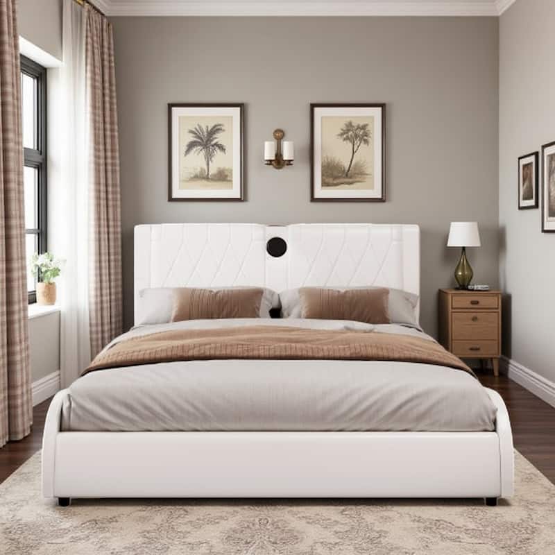 King Size Faux Leather Upholstered Platform Bed with RGB LED Lights, Bluetooth Speakers, Thickened Headboard - White - Full