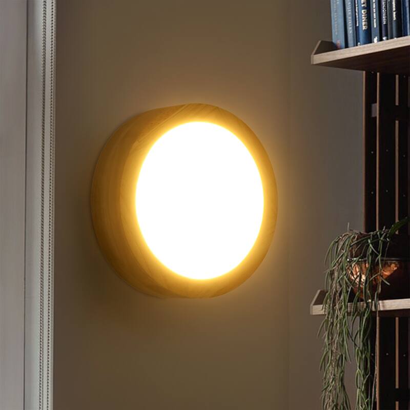 1-Light 7.87 in. Modern Farmhouse Small LED Round Wall Sconce in Natural Rubberwood Finish - 7.87 in. W x 3.35 in. H