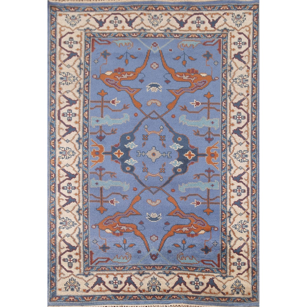 Floral Blue Oushak Oriental Area Rug Handmade Geometric Wool Carpet - 4'1"x 5'11"
