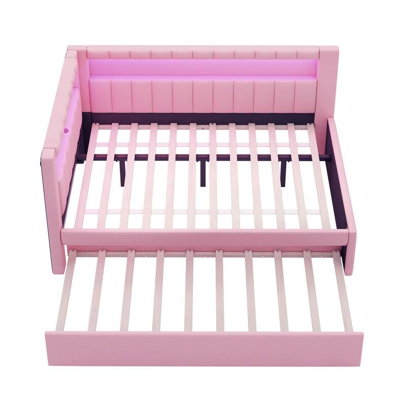 Full Size Upholstered Platform Bed with USB Ports and LED Belt, With Trundle