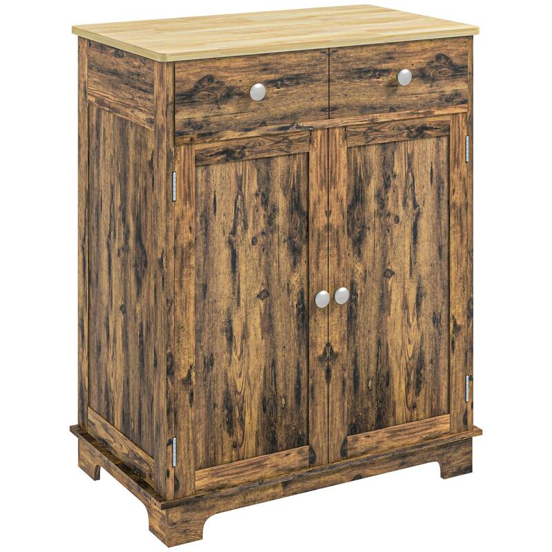 Modern Storage Cabinet with Solid Wood Countertop, 2 Drawers and Adjustable Shelf - Rustic Brown