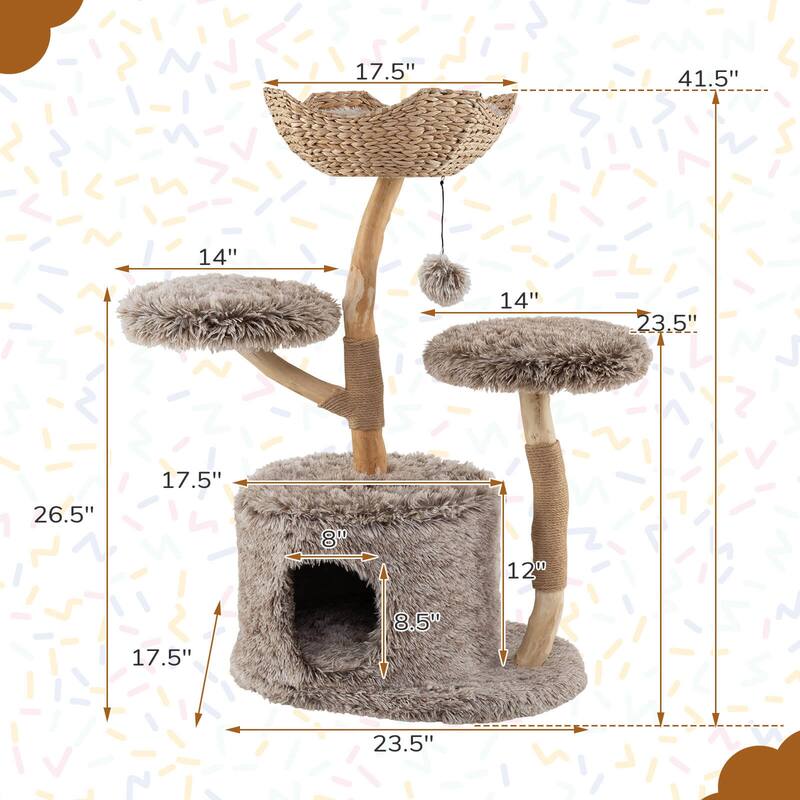 Costway Solid Wood Cat Tree with Well-woven Cattail Basket Luxury - as pic shows - See Details