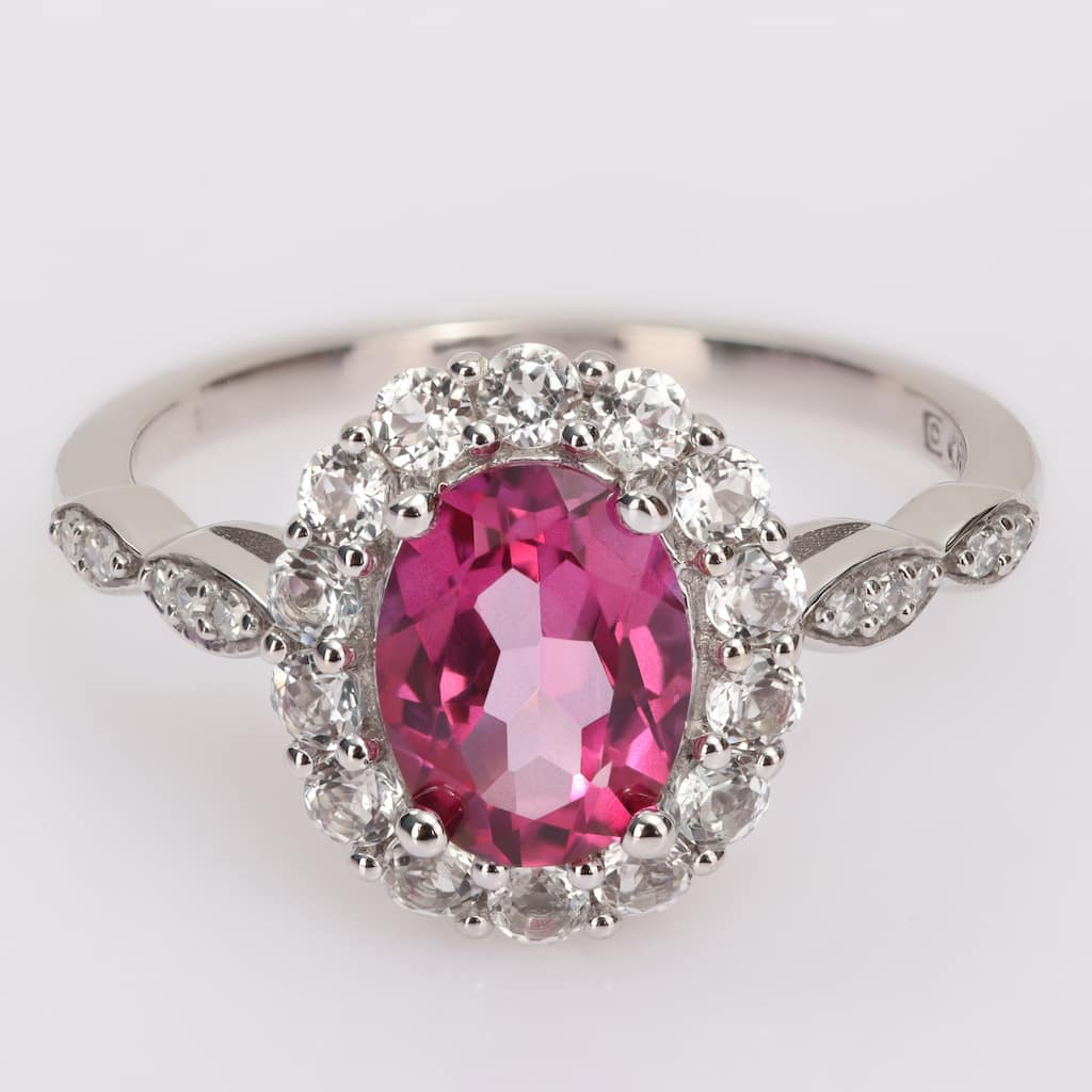 Miadora Oval-cut Pink and White Topaz with Diamond Accent Halo Cocktail Ring in 10k White Gold