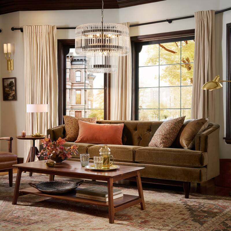 9-Light Modern Glam Drum Crystal Chandelier for Dining Room/Living Room 2-Tiered Round Chandelier Kitchen Island Pendant Light