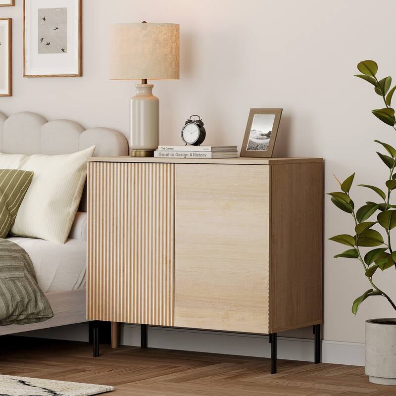 Modern Minimalist Wood Nightstand With Doors ,31.5" End Table,Reeded Design Bedside Table