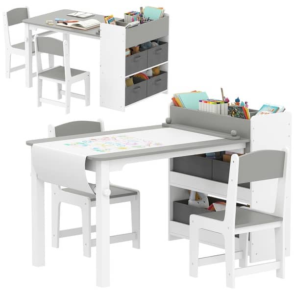 slide 2 of 17, Qaba Kids Desk and Chair Set with Paper Roll, Kids Art Table and Chairs Set with Storage Shelves, Activity Craft Table grey