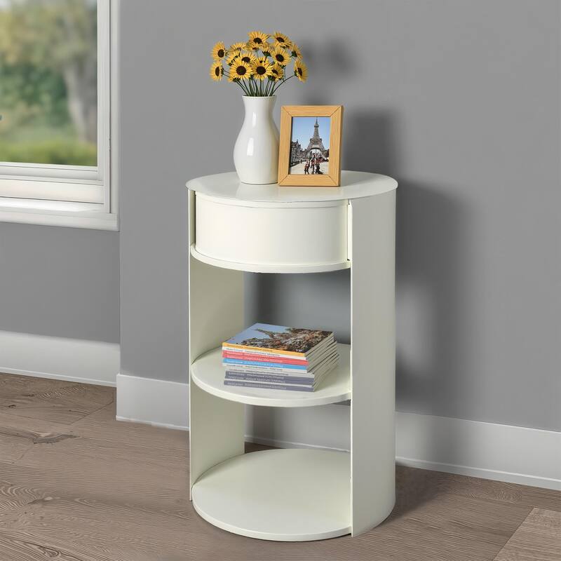 Indoor 3-Tier Metal Round Side Table with Sliding Door Cabinet