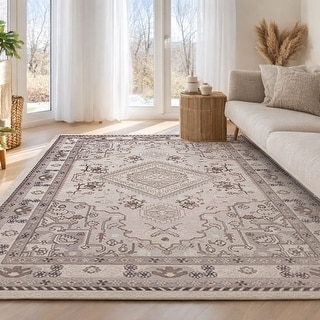 ECARPETGALLERY Oriana Traditional Machine Washable Beige & Grey Area ...