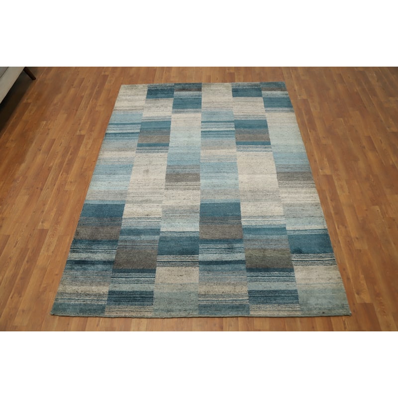 Hand Knotted Oriental 100% Wool Carpet Modern Geometric Navy Blue & Blues Gabbeh Area Rug - 7' 9'' X 5' 6''