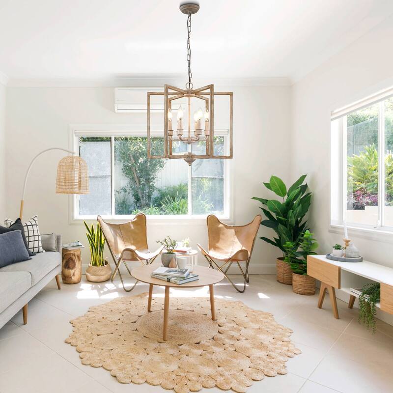 Oaks Aura Wooden Chandelier,Rectangular Frame Pendant Light,Farmhouse Hanging Lamp,Height Adjustable for Living Room,Dining Room