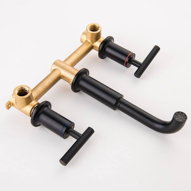 Long Spout Reach Double Handle Wall Mount Bathroom Sink Faucet, Black