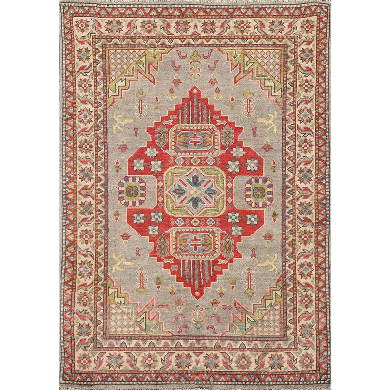Kazak Oriental Accent Rug Hand-Knotted Grey Wool Carpet - 3'2"x 5'0"